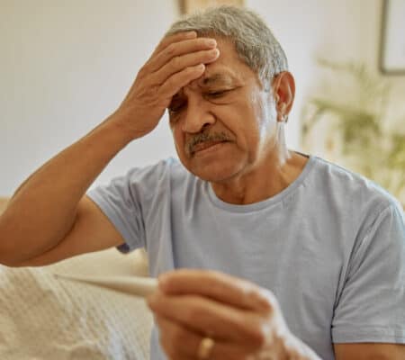 Man with fever holding head