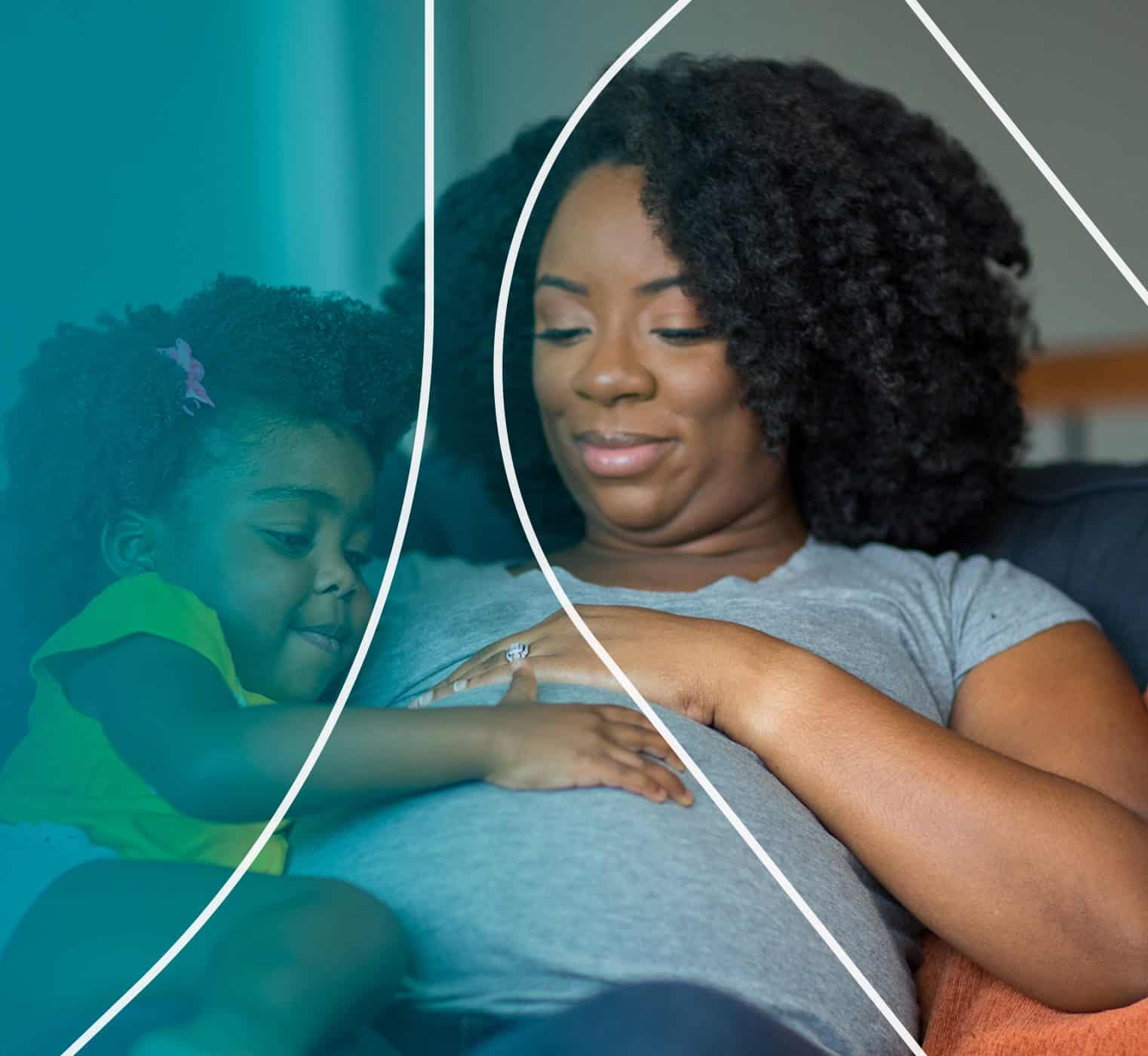 Pregnant mother with cuddling with daughter