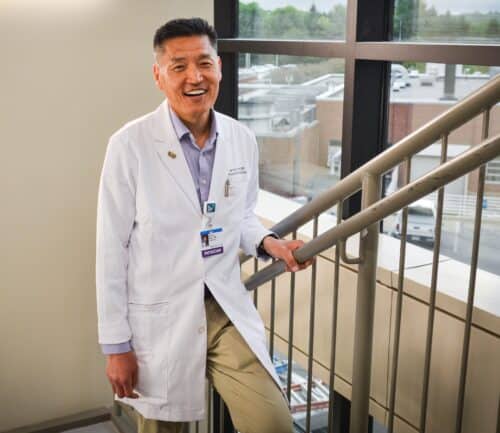 Dr. Harvey Hahn walking up the steps