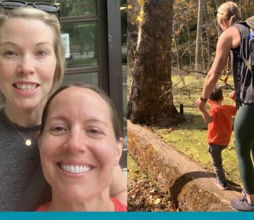 Two women taking selfie indoors; woman with child hiking outdoors with backpack