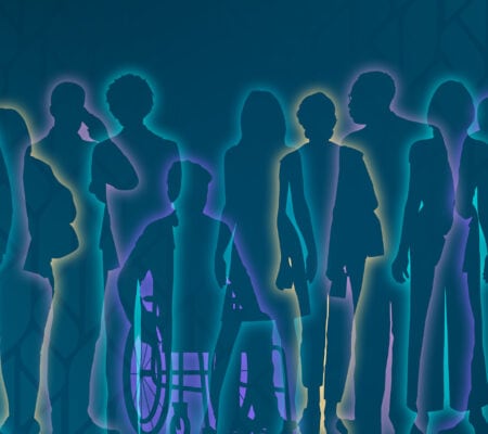 Outlines of several people on a blue background