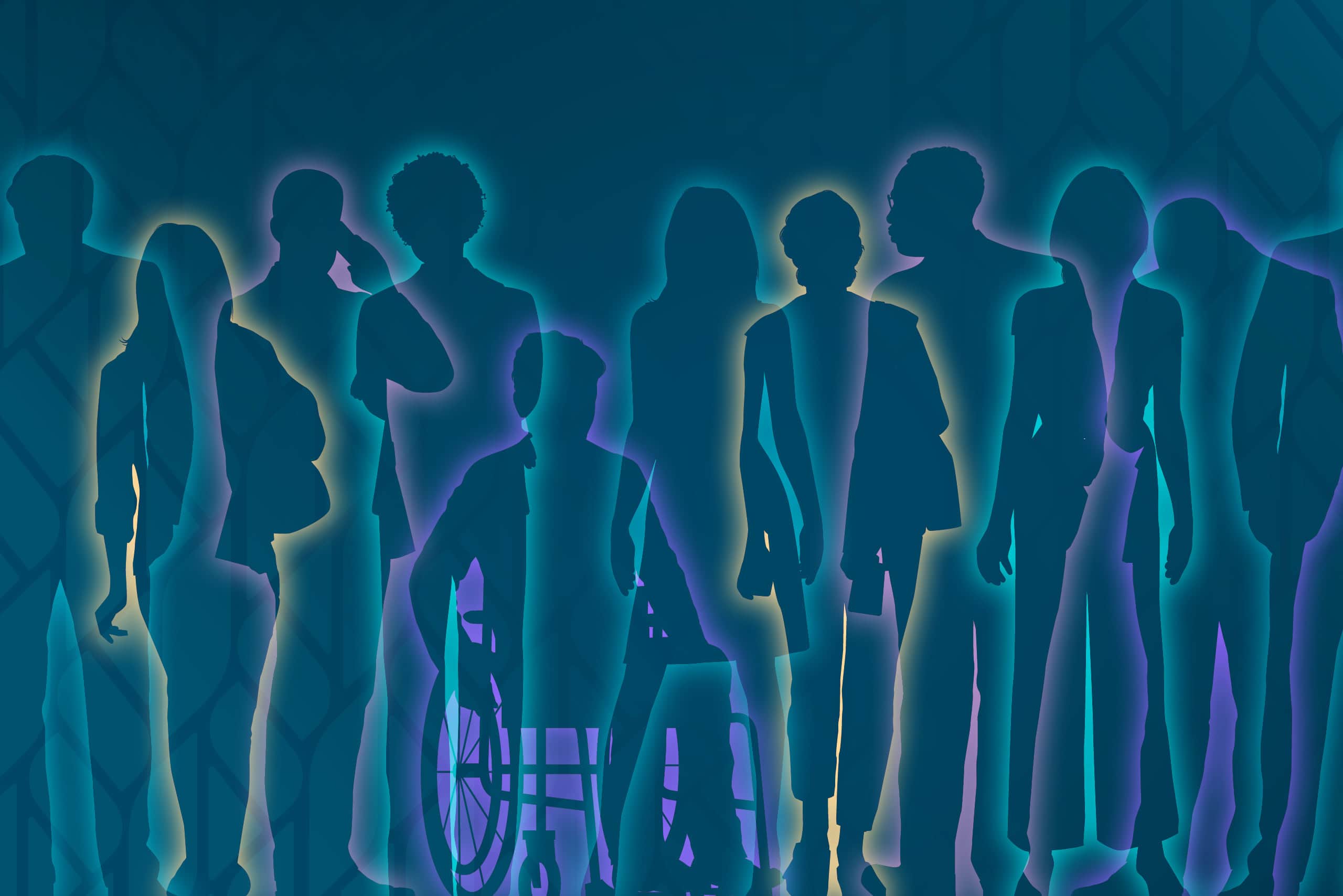 Outlines of several people on a blue background