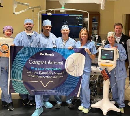Heart and vascular team after completing first renal denervation for high blood pressure, hypertension