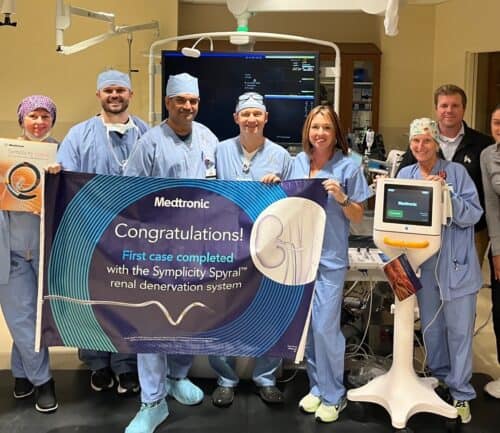 Heart and vascular team after completing first renal denervation for high blood pressure, hypertension