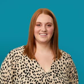 Professional headshot of Aleesha Schafers, PA-C in leopard print blouse against teal background