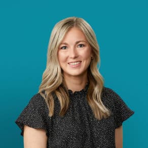 Professional headshot of Macey A. Gross, PA-C in polka dot blouse against teal background