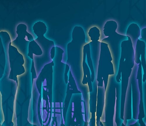 Diverse silhouettes of healthcare workers including person in wheelchair, representing inclusive medical team
