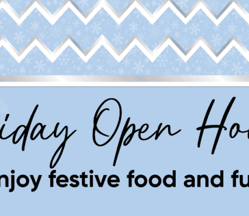 Holiday Open Houses banner with blue chevron pattern background promoting festive food and fun